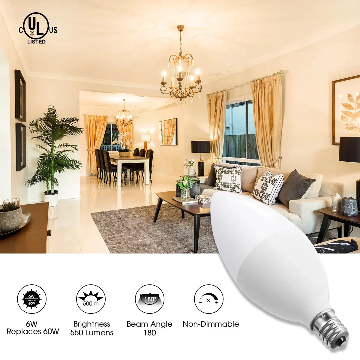 E12 Candelabra LED Light Bulbs, 60W Equivalent(6 Watts), 550LM, Daylight White 5000K, Dimmable, for Chandelier, Ceiling Fan, Dimmable, 12 Pack