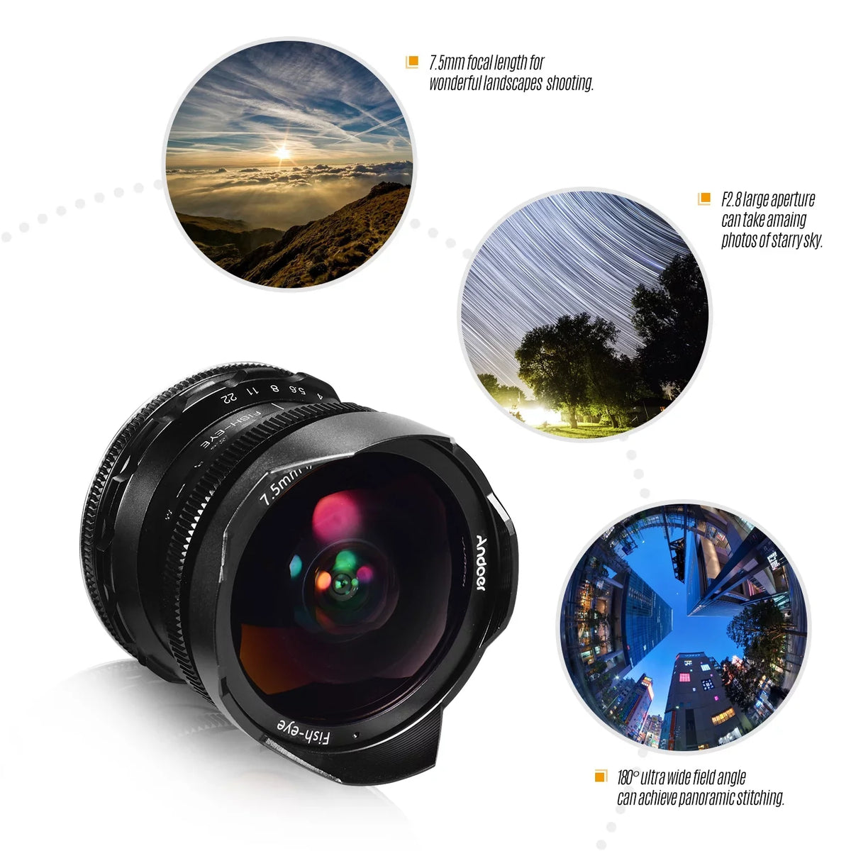 Andoer Andoer 7.5mm F2.8 Manual Focus Fisheye Lens 180° Ultra Wide Angle Large Aperture E-Mount Lens Compatible with APS-C Frame Camera A6600 A6100 A6400 A6500 A6300 A6000 5100 A77II