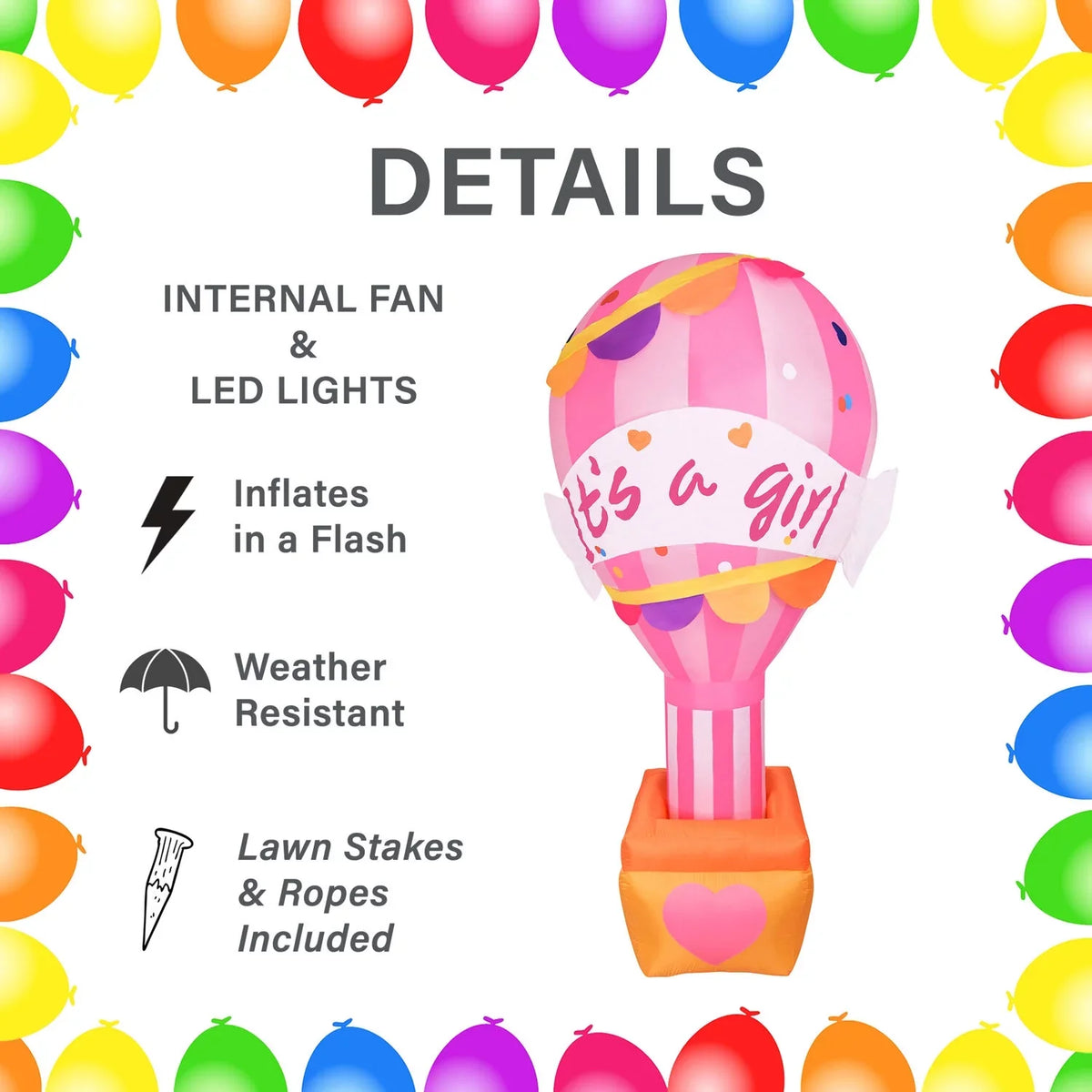 Fraser Hill Farm 10-Ft. Inflatable It's a Girl Balloon Sign with Lights | Outdoor Blow-Up Festive Decor for Baby Shower Celebration Party with Blower, Stakes, Ropes, and Storage Bag