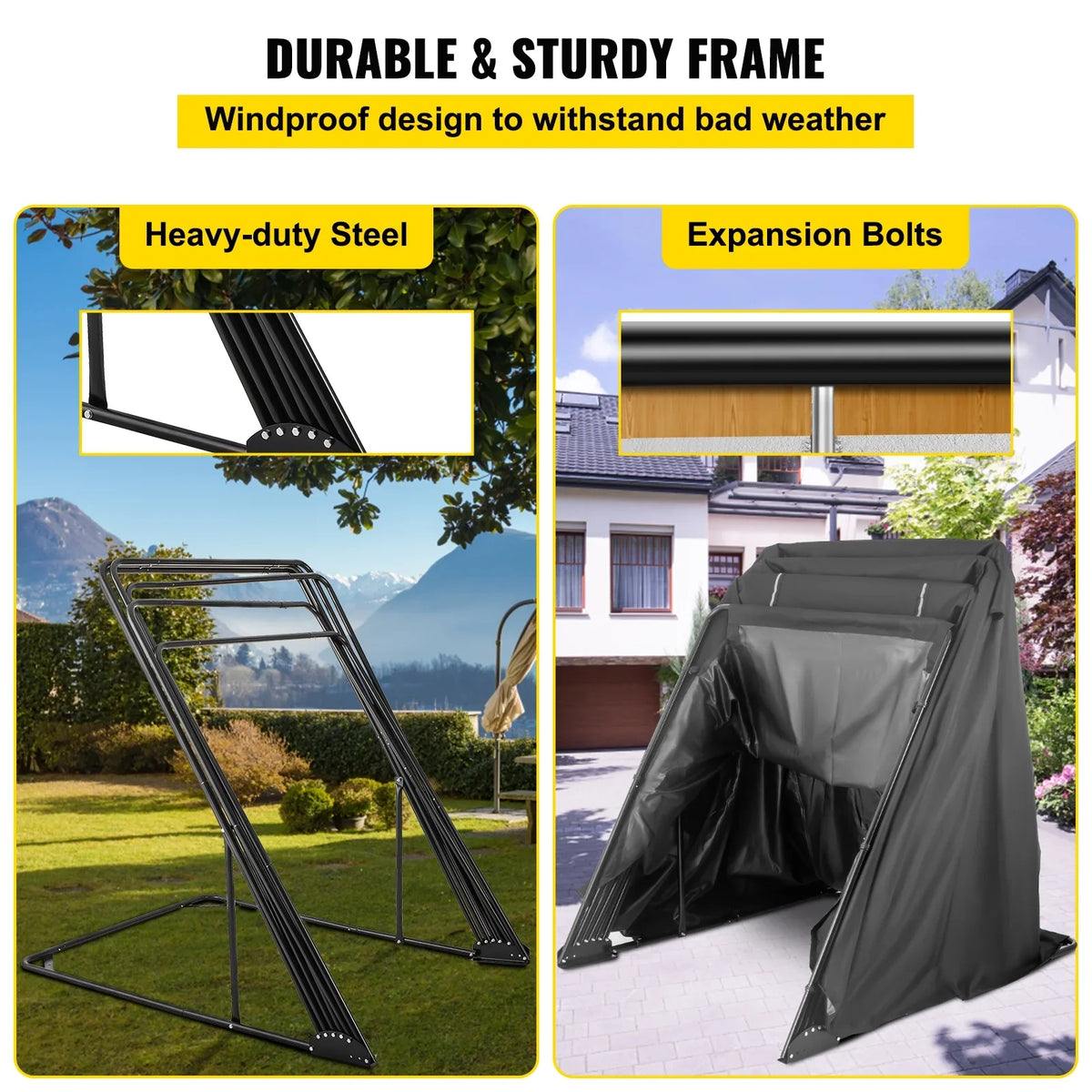 VEVORbrand Waterproof Heavy Duty Motorcycle Shelter Shed, 600D Oxford Motorbike Shed Anti-UV, 106.3"x41.3"x62.9" Shelter Storage Garage Tent with Lock and Weight Bag, Black