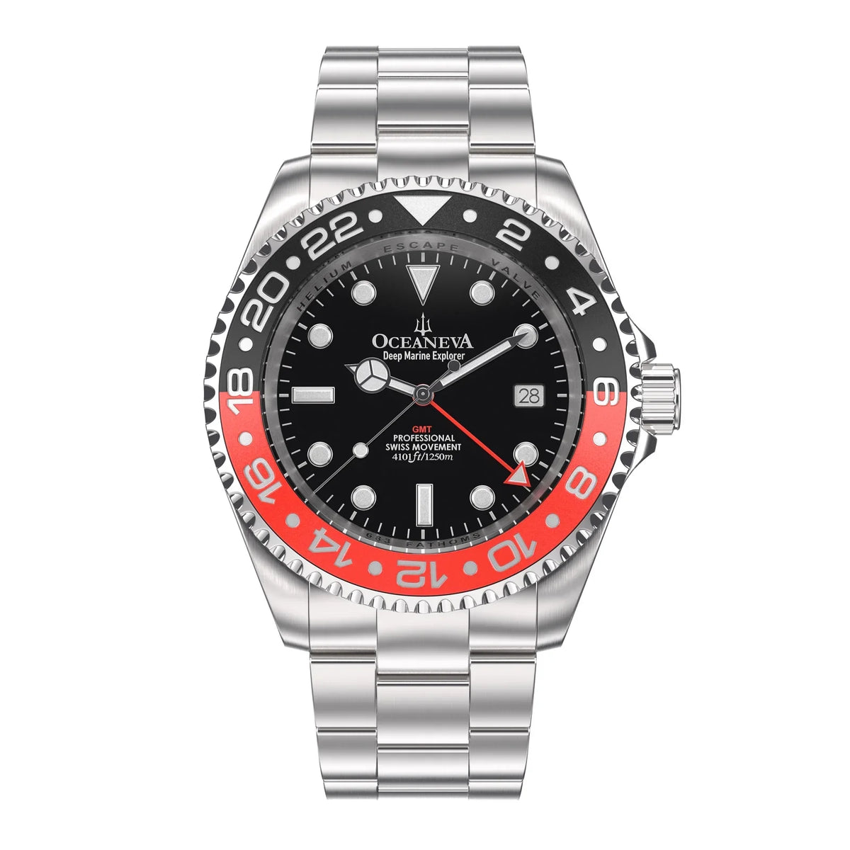 Oceaneva™ Men's GMT Deep Marine Explorer 1250M Pro Diver Watch Red and Black- Quartz, Swiss Movement Stainless Steel Bracelet