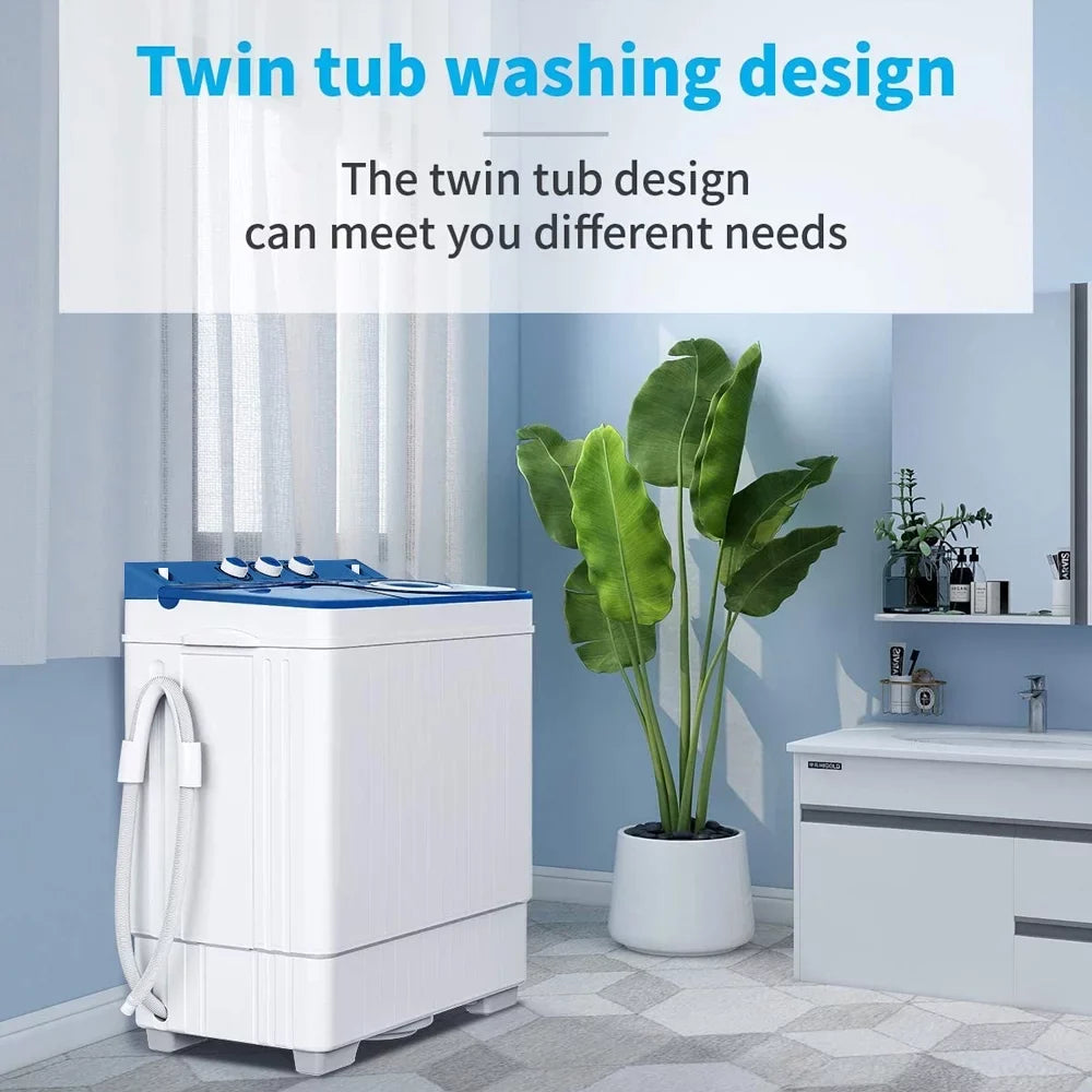 BMTBUY Twin Tub with Built-in Drain Pump XPB65-2288S 26Lbs Semi-automatic Twin Tube Washing Machine for Apartment, Dorms, RVs, Camping and More, White&Blue