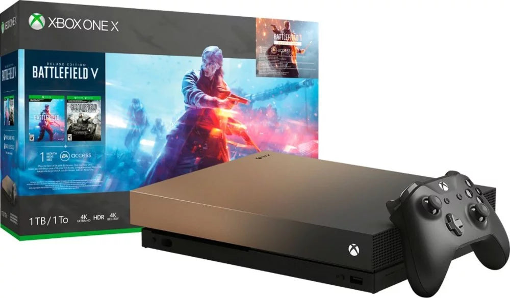 Pre-Owned Microsoft FMP-00023 Xbox One X 1TB Gold Rush Special Edition Battlefield V Bundle Gray Gold (Refurbished: Good)