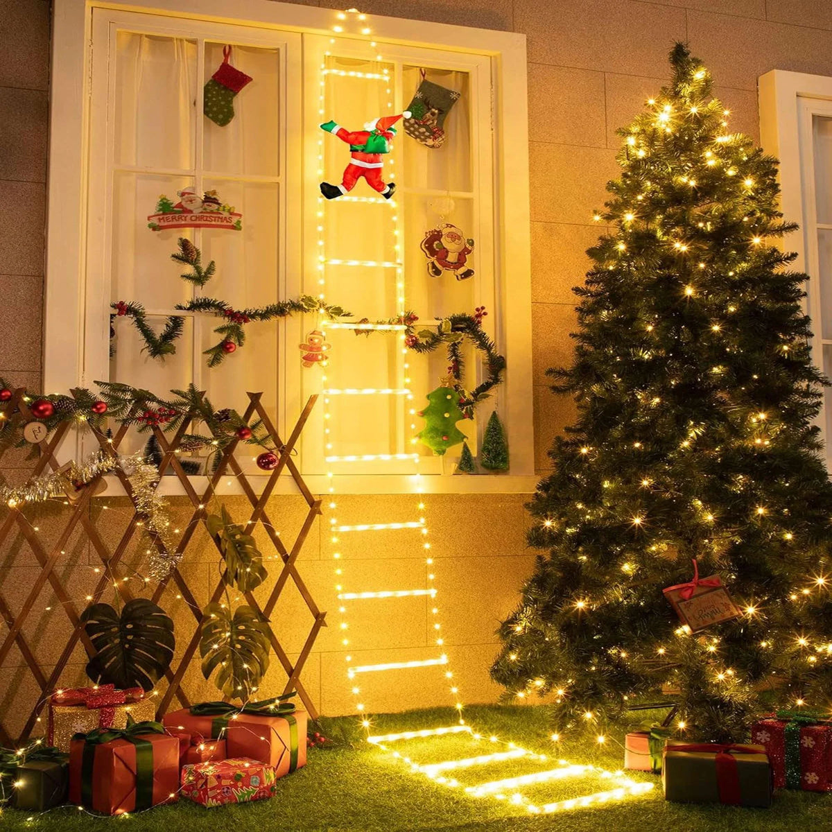 Lava Outdoor Christmas Lights 10.5 ft Led Ladder Lights with Climbling Santa Claus Waterroof Xmas Lights for Garden Home Wall Roof Porch Xmas Tree Decor