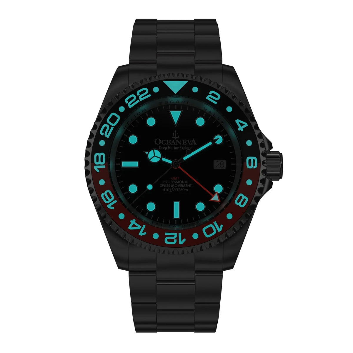 Oceaneva™ Men's GMT Deep Marine Explorer 1250M Pro Diver Watch Red and Black- Quartz, Swiss Movement Stainless Steel Bracelet