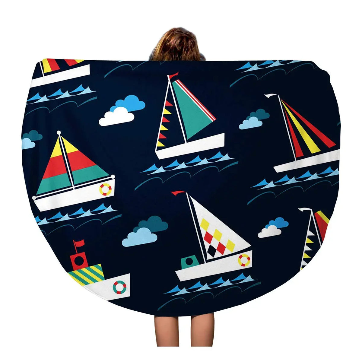 KDAGR 60 inch Round Beach Towel Blanket Blue Sea Kids Nautical Pattern Baby Beach Boat Abstract Travel Circle Circular Towels Mat Tapestry Beach Throw