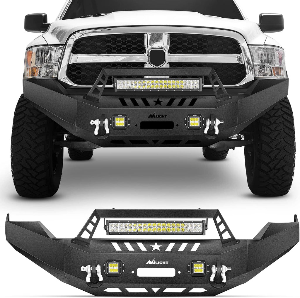 Nilight Front Bumper Full Width Solid Steel Compatible for 2013 2014 2015 2016 2017 2018 Dodge Ram 1500 Pickup Truck with Winch Plate Offroad 120W LED Light Bar 2x18w Light Pods 2 Years Warranty