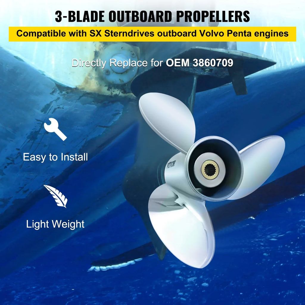 VEVOR Outboard Propeller, 3-Blade 14.5" x 21" Boat Propeller, Replace for OEM 3860709, Compatible with SX Sterndrives Outboard Volvo Penta Engine, Right-handed Steel Propeller Steel & 19 Spline Teeth