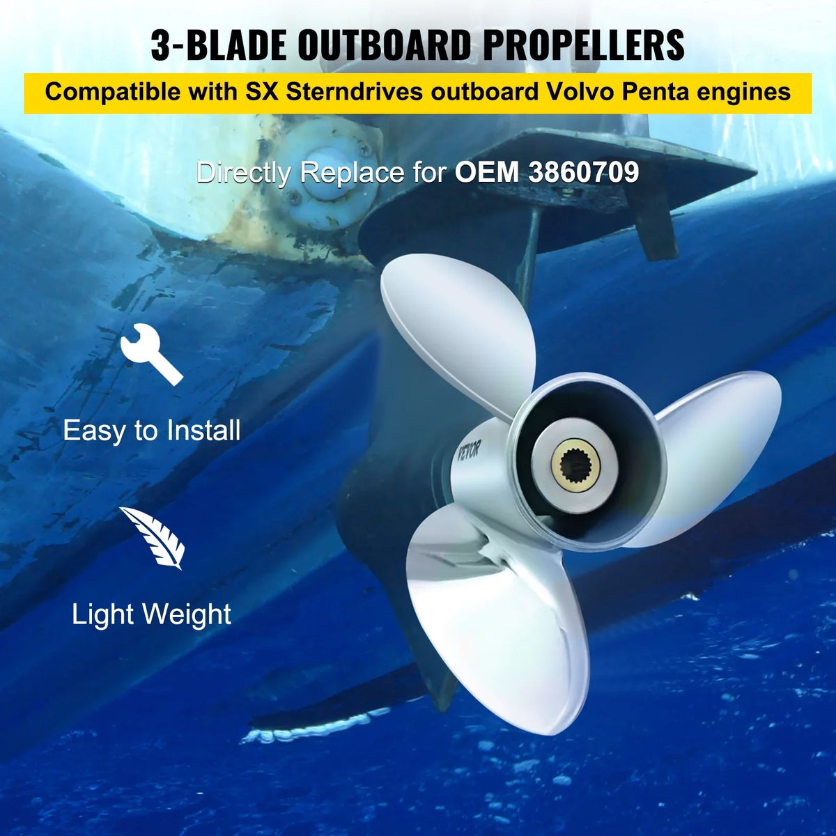 VEVOR Outboard Propeller, 3-Blade 14.5" x 21" Boat Propeller, Replace for OEM 3860709, Compatible with SX Sterndrives Outboard Volvo Penta Engine, Right-handed Steel Propeller Steel & 19 Spline Teeth