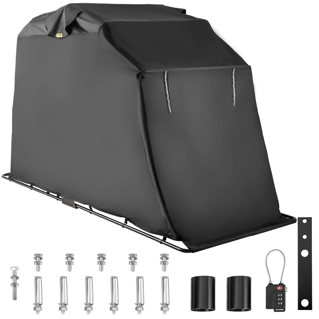 VEVORbrand Waterproof Heavy Duty Motorcycle Shelter Shed, 600D Oxford Motorbike Shed Anti-UV, 106.3"x41.3"x62.9" Shelter Storage Garage Tent with Lock and Weight Bag, Black