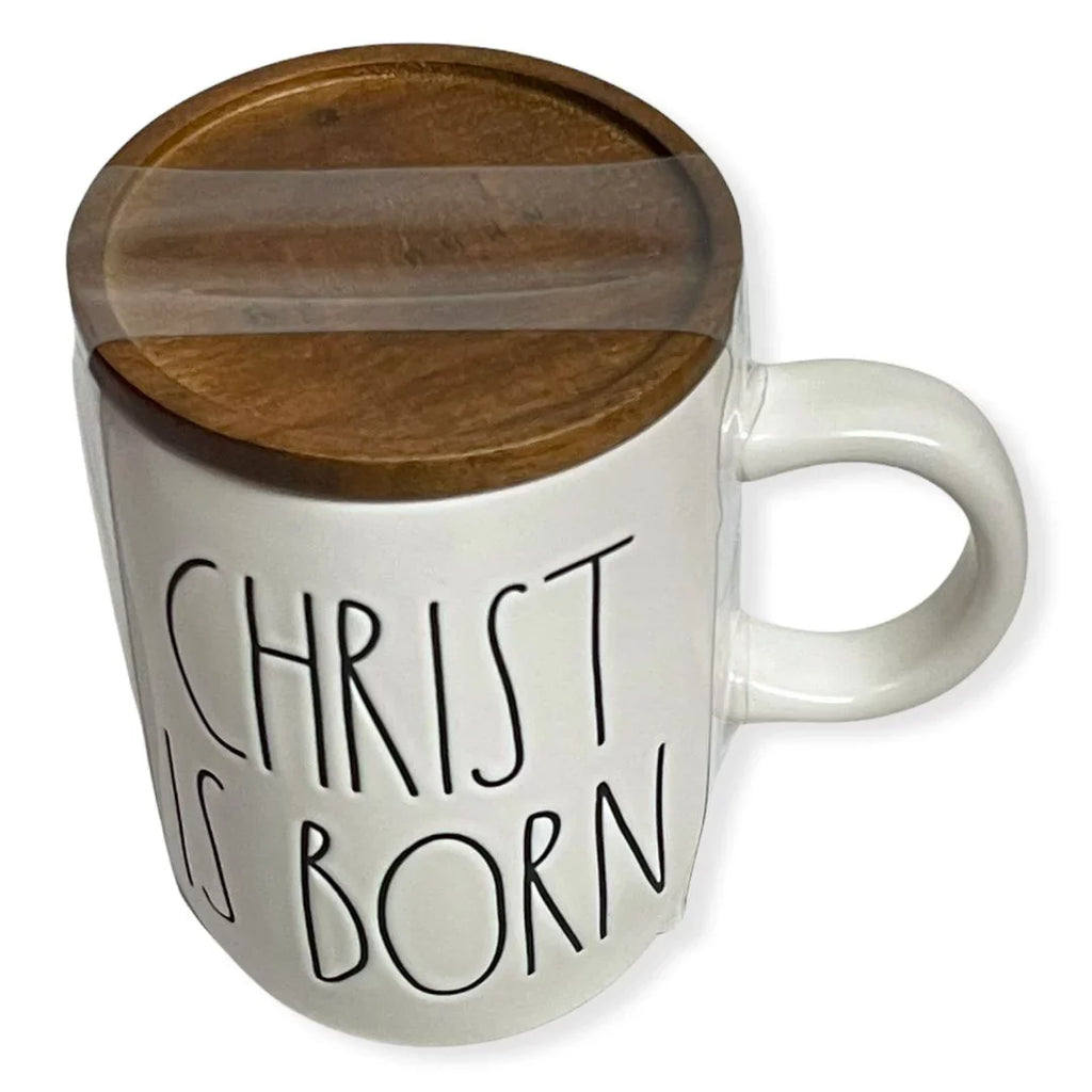 Rae Dunn CHRIST IS BORN Mug with Lid New Christmas Holiday Coffee Mug Wooden Lid