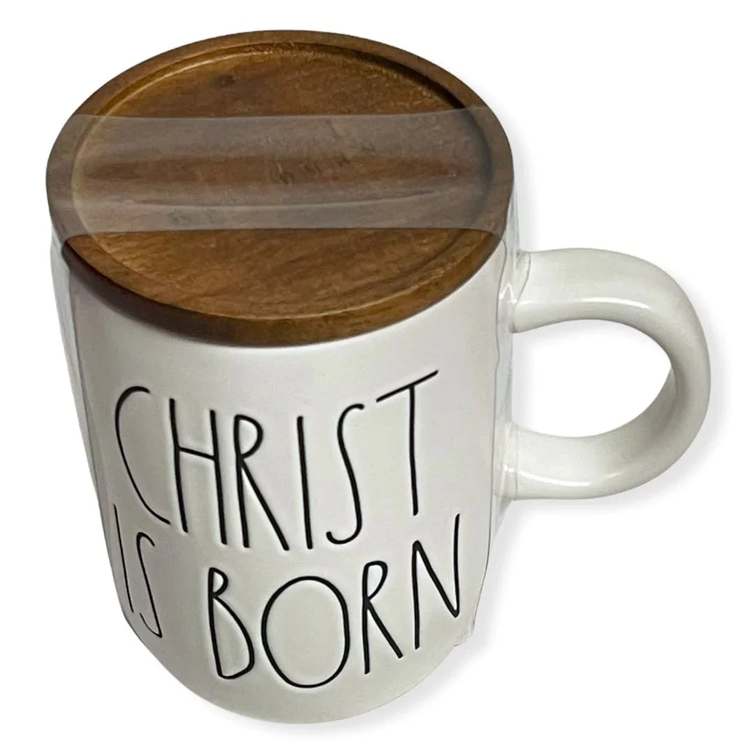 Rae Dunn CHRIST IS BORN Mug with Lid New Christmas Holiday Coffee Mug Wooden Lid