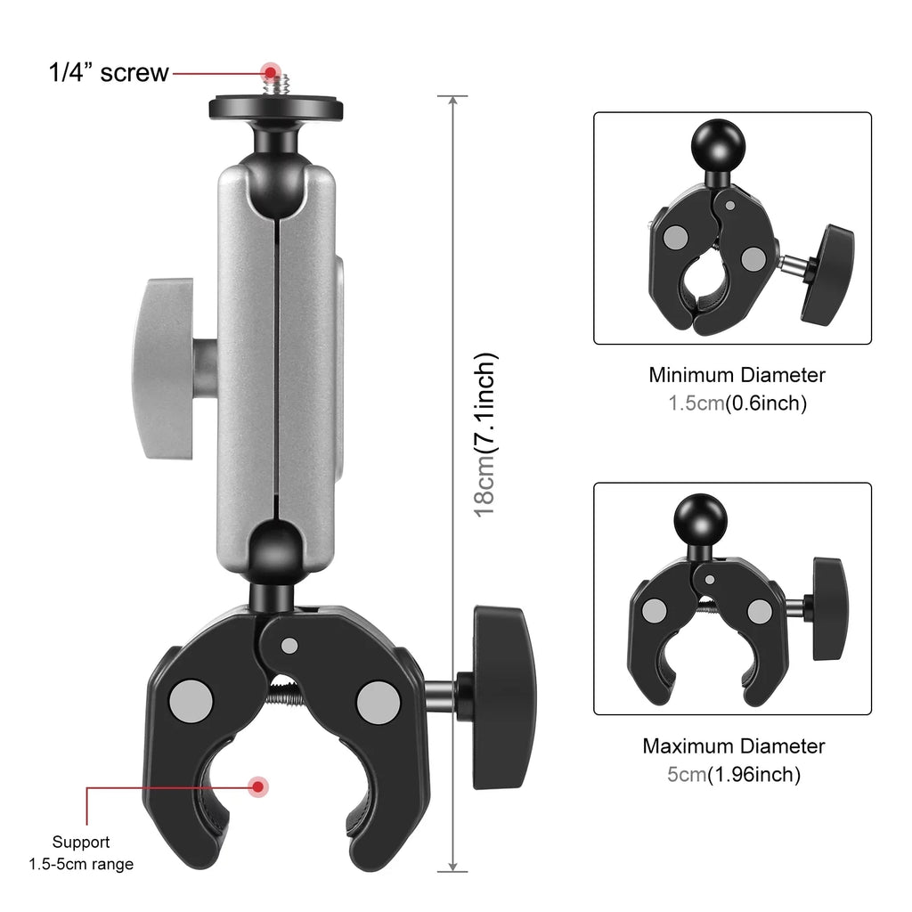 PULUZ PU867B Clamp Mount, Aluminum Alloy Handlebar Adapter, Dual Rotatable Ball Head, AKASO DJI Hero 11/10/9/8 Compatible