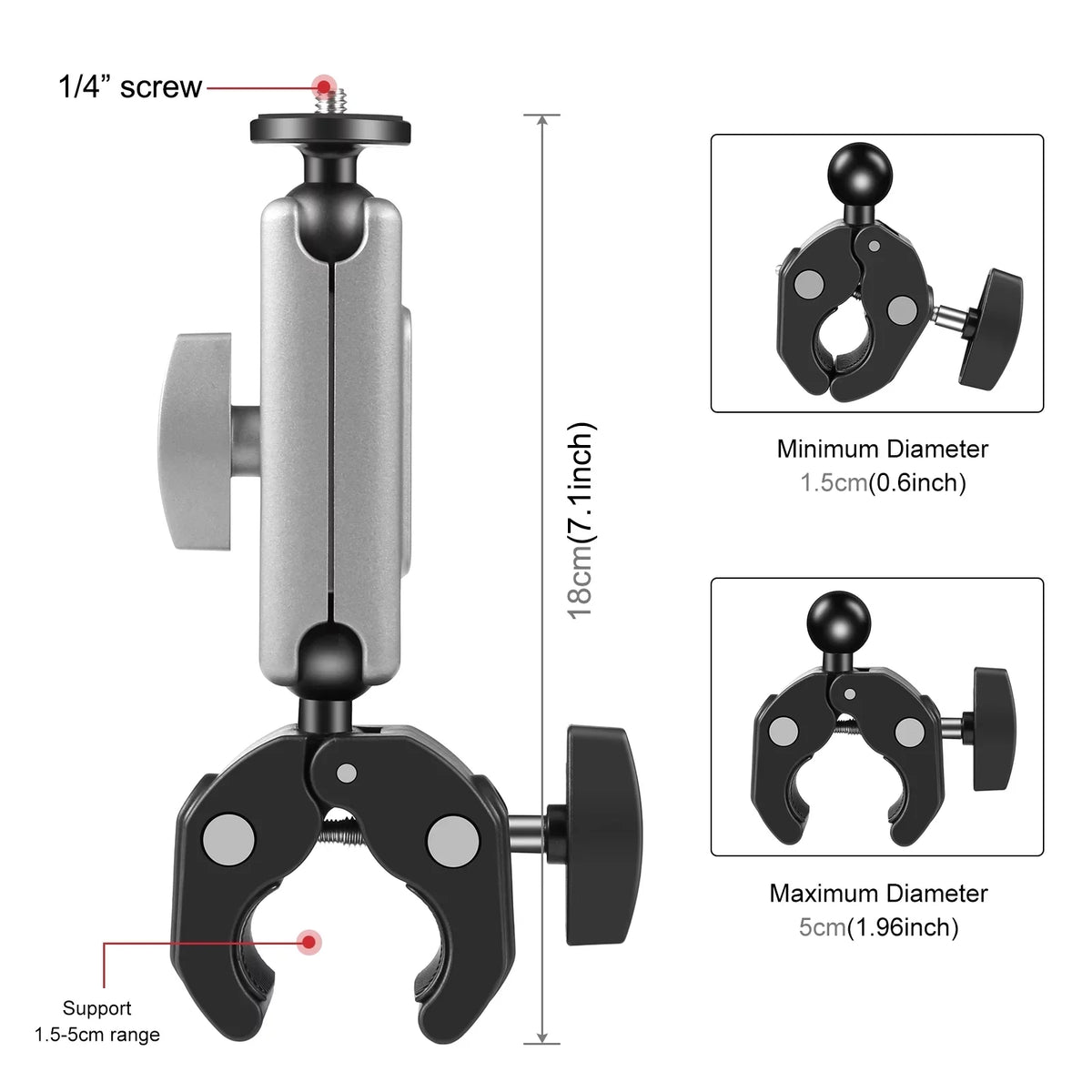 PULUZ PU867B Clamp Mount, Aluminum Alloy Handlebar Adapter, Dual Rotatable Ball Head, AKASO DJI Hero 11/10/9/8 Compatible