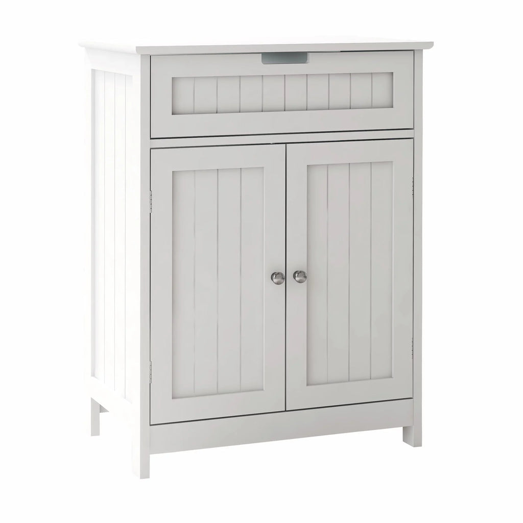 Versatile Bathroom Floor Cabinet in White Freestanding Wood Storage Organizer 2 Doors, 1 Drawer Adjustable Shelf Elegant Design for Bathroom and Living Room.