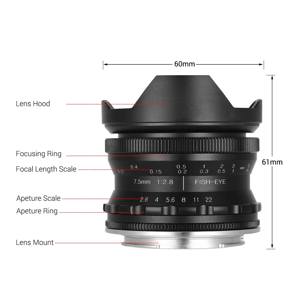 Andoer Andoer 7.5mm F2.8 Manual Focus Fisheye Lens 180° Ultra Wide Angle Large Aperture E-Mount Lens Compatible with APS-C Frame Camera A6600 A6100 A6400 A6500 A6300 A6000 5100 A77II