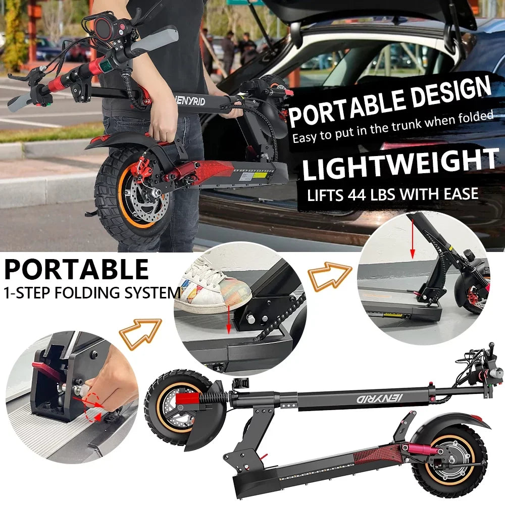 iENYRID Commuter E-Scooter Adult Electric Scooter with Seat, Folding Adult Electric Skateboard up to 330lbs and 28 Miles Long Range, 10 inch Off Road Tires 600W(Peak 800W)