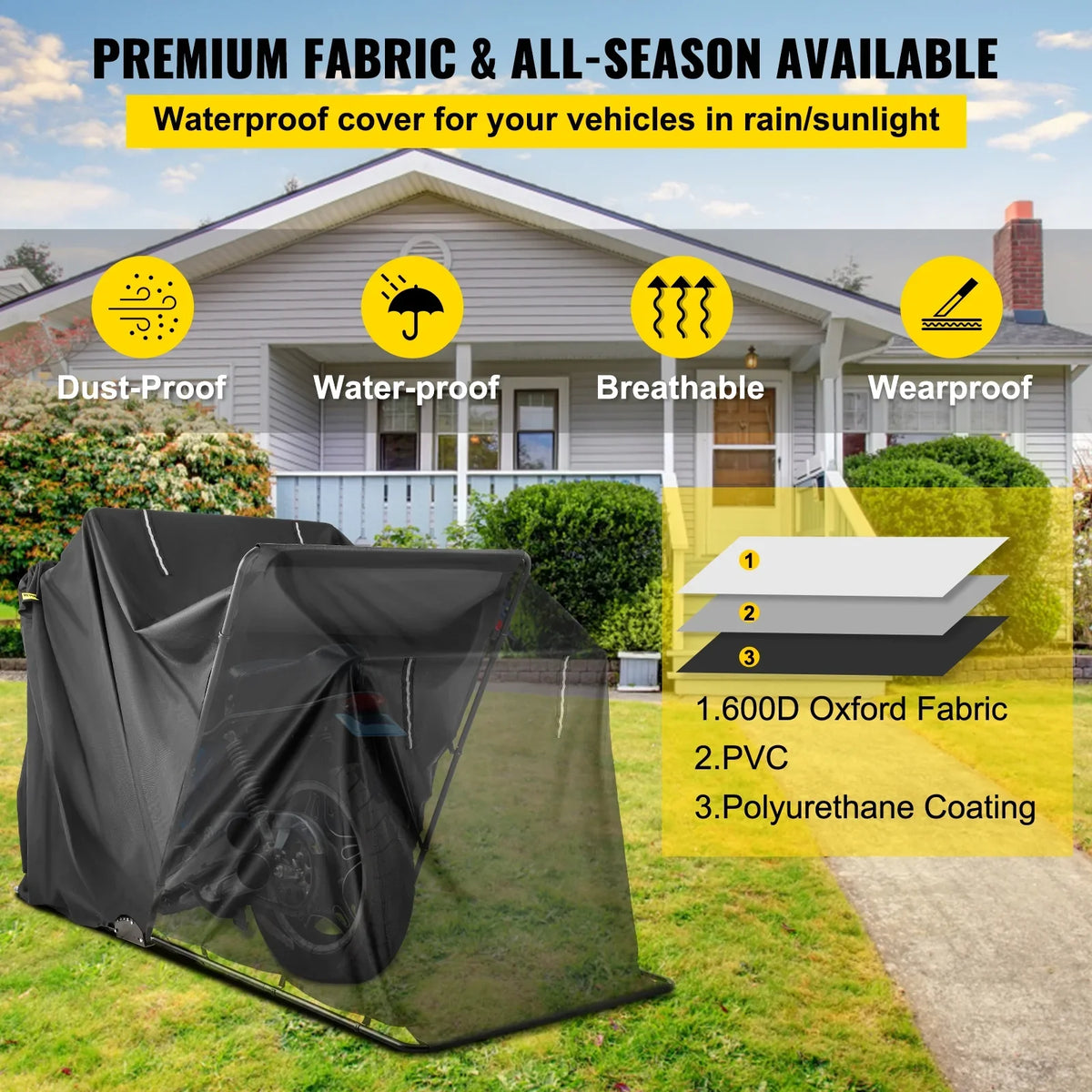 VEVORbrand Waterproof Heavy Duty Motorcycle Shelter Shed, 600D Oxford Motorbike Shed Anti-UV, 106.3"x41.3"x62.9" Shelter Storage Garage Tent with Lock and Weight Bag, Black