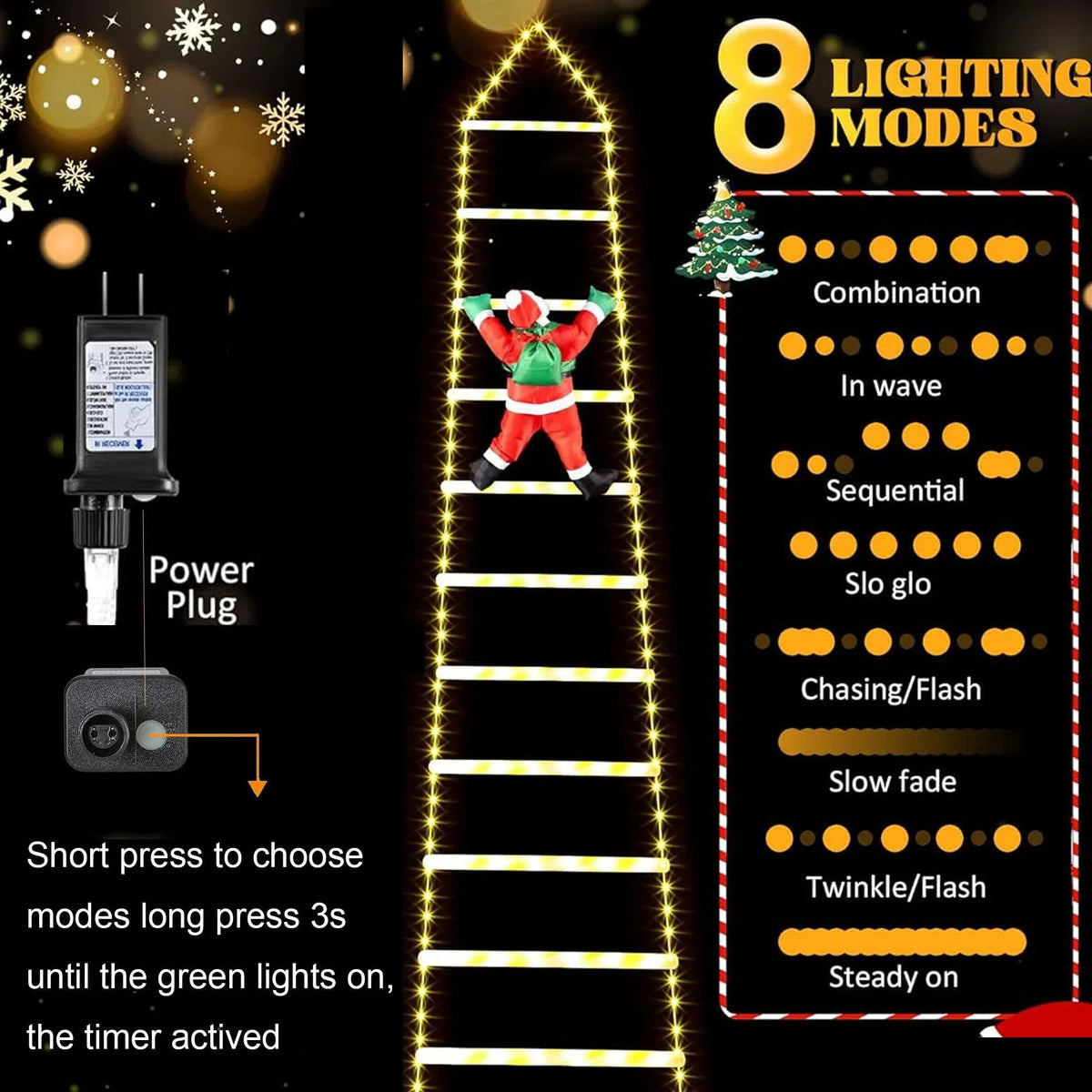 Lava Outdoor Christmas Lights 10.5 ft Led Ladder Lights with Climbling Santa Claus Waterroof Xmas Lights for Garden Home Wall Roof Porch Xmas Tree Decor