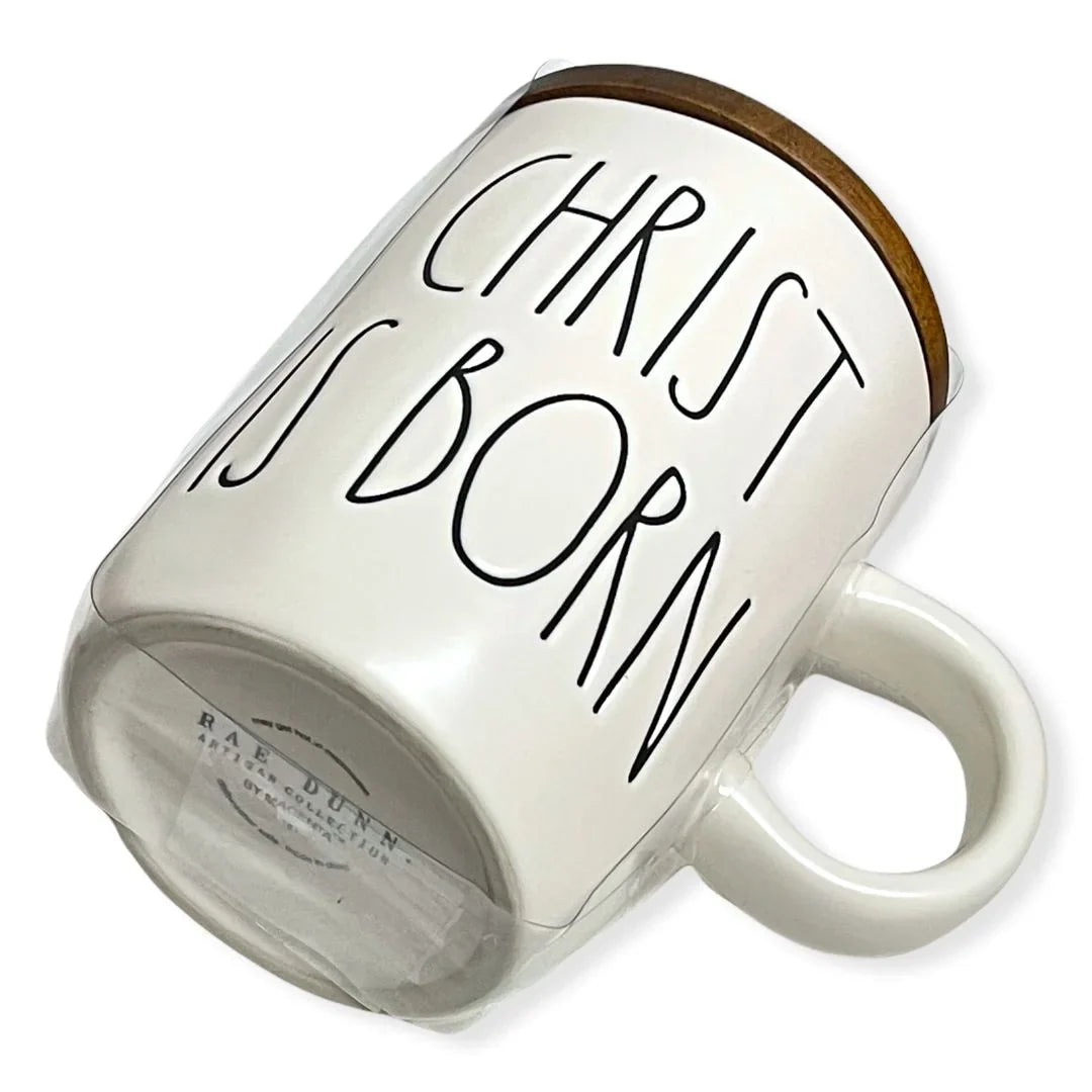 Rae Dunn CHRIST IS BORN Mug with Lid New Christmas Holiday Coffee Mug Wooden Lid