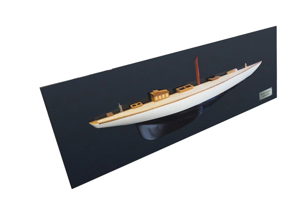 HomeRoots 401899 12 in. Shamrock V Yacht Half-Hull Boat Hand Painted Decorative Boat, Black & White