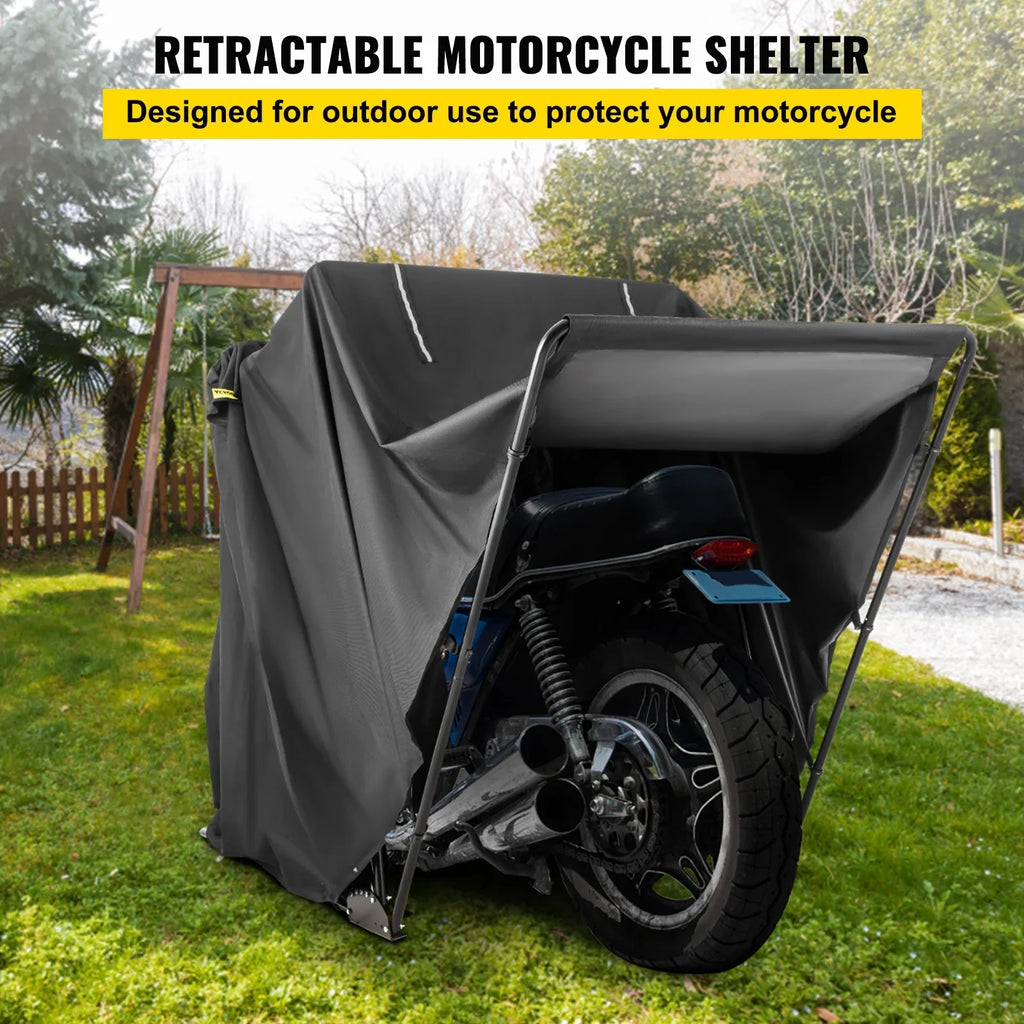 VEVORbrand Waterproof Heavy Duty Motorcycle Shelter Shed, 600D Oxford Motorbike Shed Anti-UV, 106.3"x41.3"x62.9" Shelter Storage Garage Tent with Lock and Weight Bag, Black