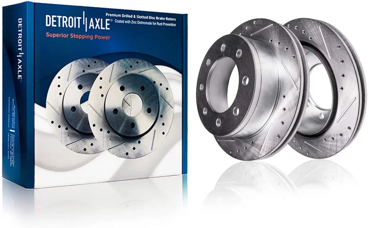 Detroit Axle - Rear Brake Kit for 99-04 Ford F-250 F-350 Super Duty Excursion 1999 2000 2001 2002 2003 2004 Replacement Drilled Slotted Brake Rotors & Ceramic Brakes Pads 8 Lugs