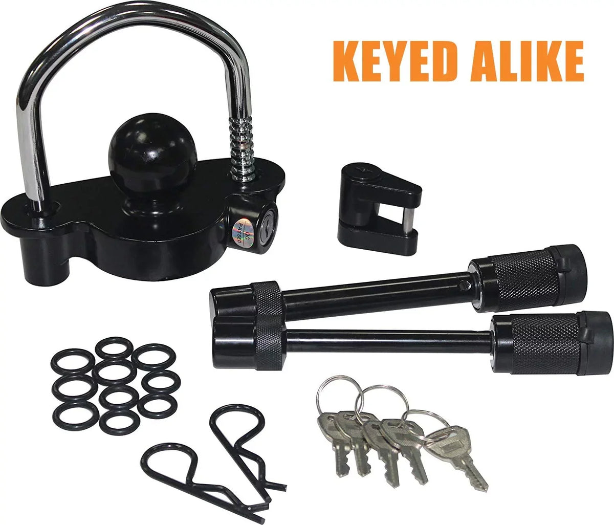 OPENROAD Trailer Hitch Lock Set, Include Trailer Coupler Lock,Tongue Lock and 5/8 Inch, 1/2 Inch Hitch Pin Lock Fit Class I II III IV V Receiver to Secure Trailer for Towing and Storage(Keys Alike)