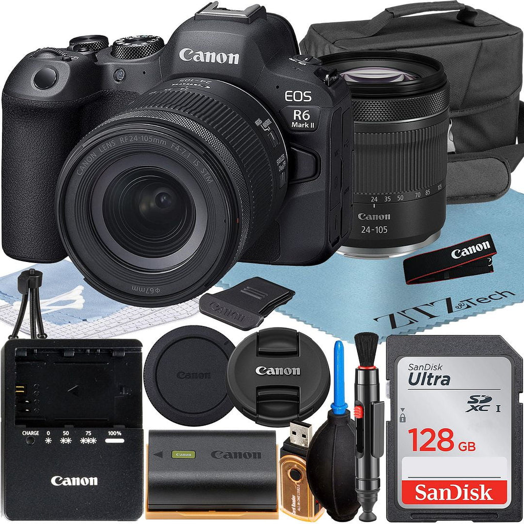 Canon EOS R6 Mark II Mirrorless Camera with RF 24-105mm Lens + SanDisk 8GB RAM Memory Card + Case + LED Flash+ ZeeTech Accessory Bundle