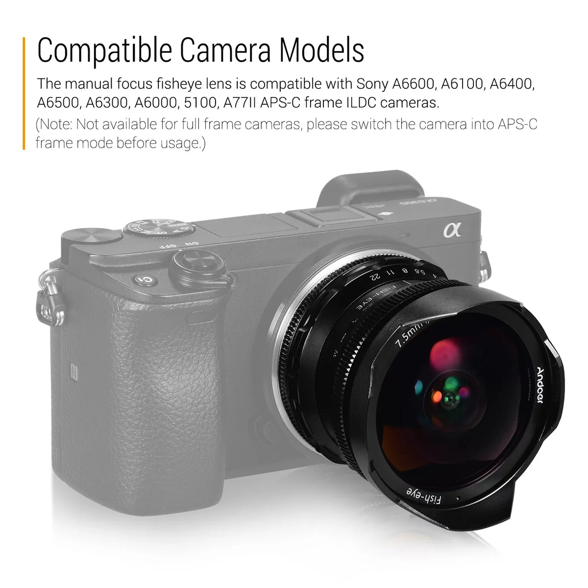 Andoer Andoer 7.5mm F2.8 Manual Focus Fisheye Lens 180° Ultra Wide Angle Large Aperture E-Mount Lens Compatible with APS-C Frame Camera A6600 A6100 A6400 A6500 A6300 A6000 5100 A77II