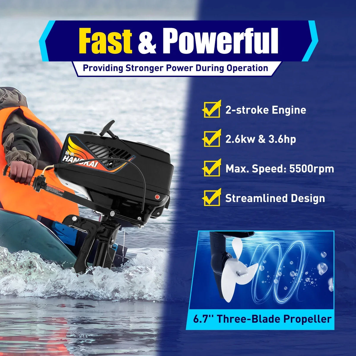 HANGKAI 2 Stroke 3.6 HP Outboard Motor Fishing Boat Engine Water Cooling CDI Outboard Boat Motor 90cm/35.4in