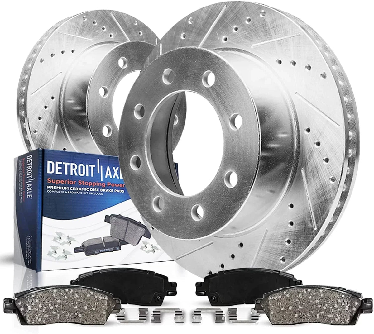 Detroit Axle - Rear Brake Kit for 99-04 Ford F-250 F-350 Super Duty Excursion 1999 2000 2001 2002 2003 2004 Replacement Drilled Slotted Brake Rotors & Ceramic Brakes Pads 8 Lugs