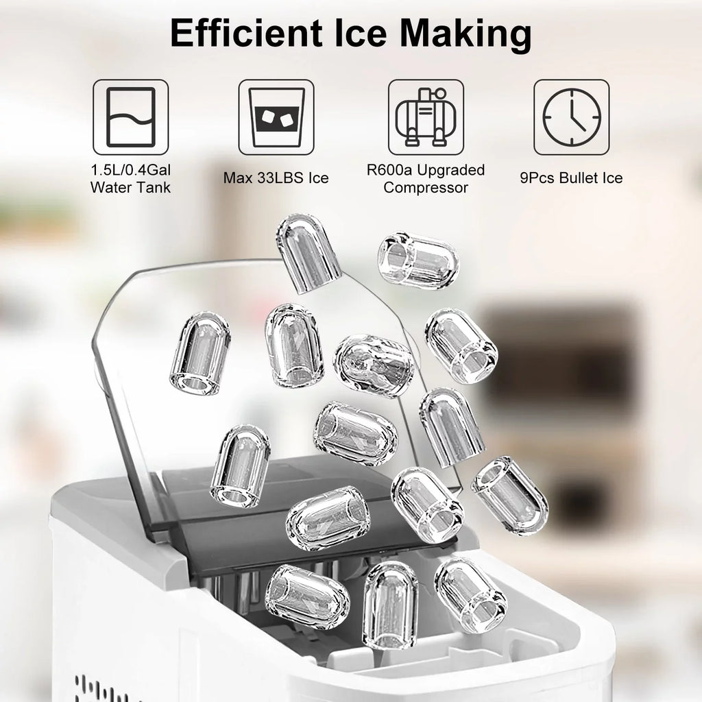 Countertop Ice Maker, iMounTEK Electric Ice Making Machine 6 Mins 9 S/L Bullet Ice, Max 33LBS/24Hrs, Portable Ice Maker with Self-Cleaning, Ice Scoop, and Basket, for Home/Kitchen/Office/Party/Bar/RV