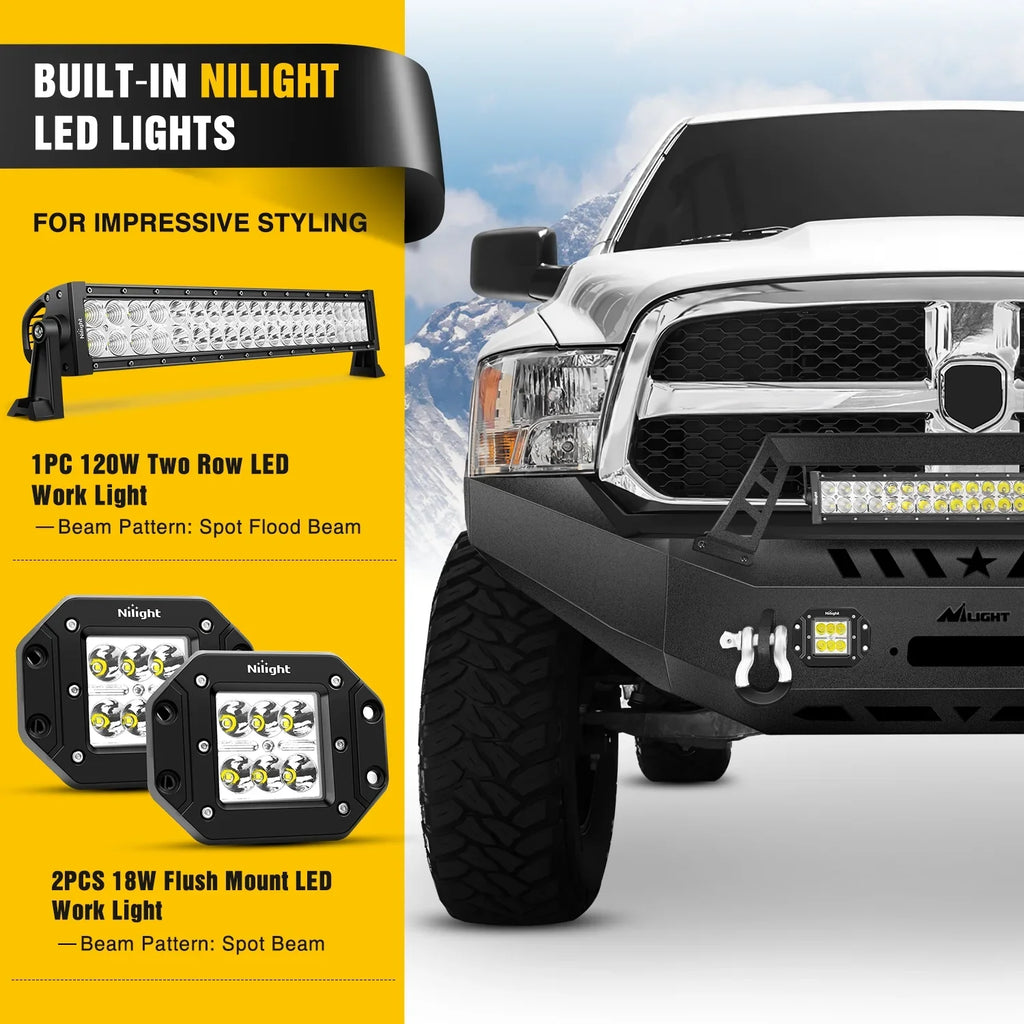 Nilight Front Bumper Full Width Solid Steel Compatible for 2013 2014 2015 2016 2017 2018 Dodge Ram 1500 Pickup Truck with Winch Plate Offroad 120W LED Light Bar 2x18w Light Pods 2 Years Warranty