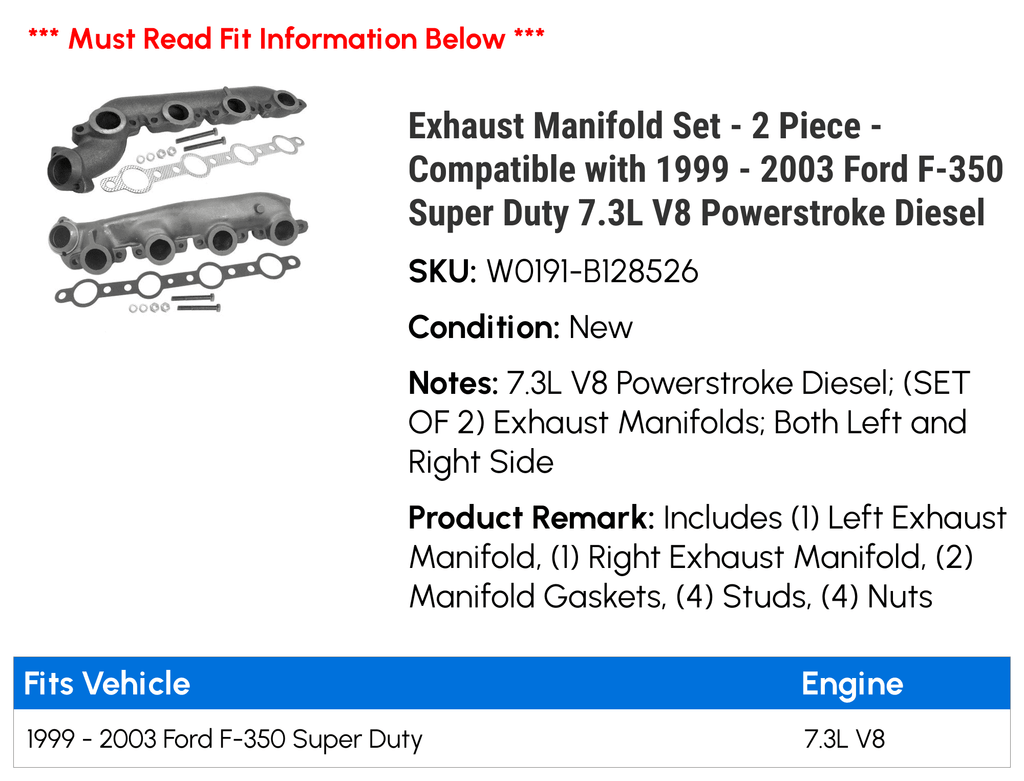 Exhaust Manifold Set - 2 Piece - Compatible with 1999 - 2003 Ford F-350 Super Duty 7.3L V8 Powerstroke Diesel 2000 2001 2002