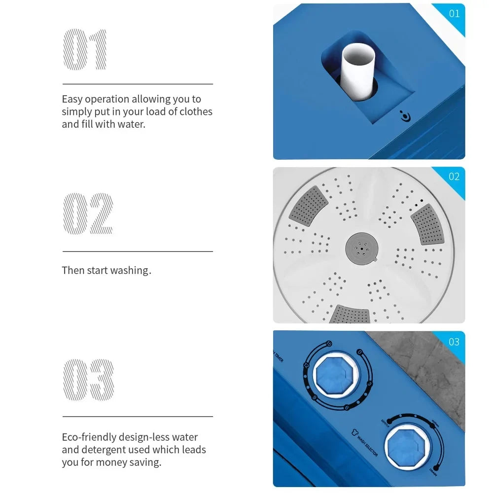 BMTBUY Twin Tub with Built-in Drain Pump XPB65-2288S 26Lbs Semi-automatic Twin Tube Washing Machine for Apartment, Dorms, RVs, Camping and More, White&Blue