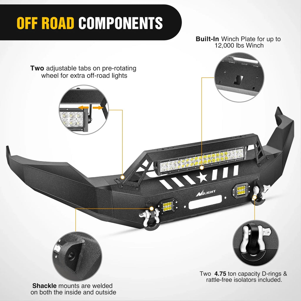 Nilight Front Bumper Full Width Solid Steel Compatible for 2013 2014 2015 2016 2017 2018 Dodge Ram 1500 Pickup Truck with Winch Plate Offroad 120W LED Light Bar 2x18w Light Pods 2 Years Warranty