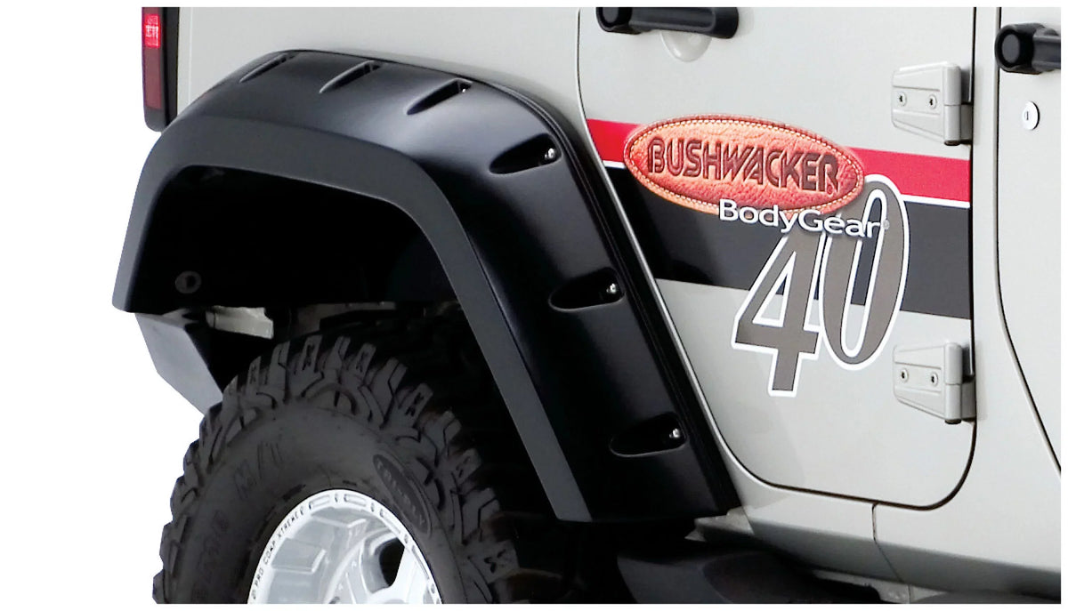 Bushwacker by RealTruck Max Coverage Pocket/Rivet Style Rear Fender Flares | 2-Piece Set, Black, Textured Finish | 10044-02 | Compatible with 2007-2018 Jeep Wrangler JK Unlimited