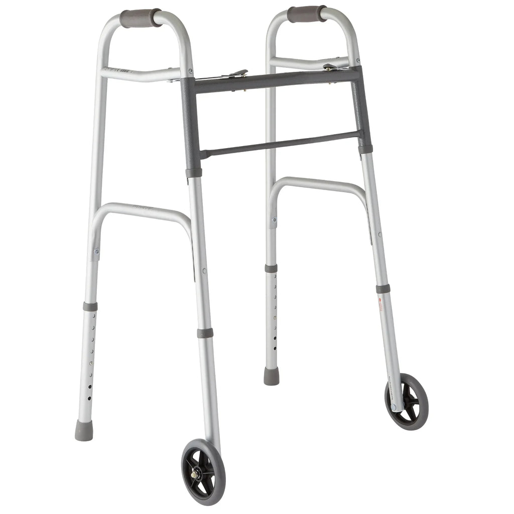 Medline Lightweight Folding Walker with 5” Wheels, Aluminum Frame Supports up to 300 lbs.