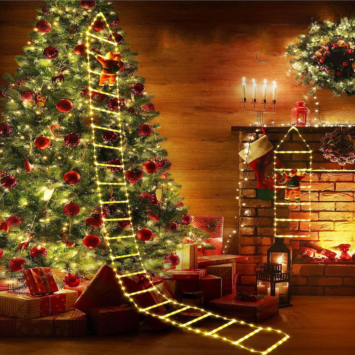 Lava Outdoor Christmas Lights 10.5 ft Led Ladder Lights with Climbling Santa Claus Waterroof Xmas Lights for Garden Home Wall Roof Porch Xmas Tree Decor