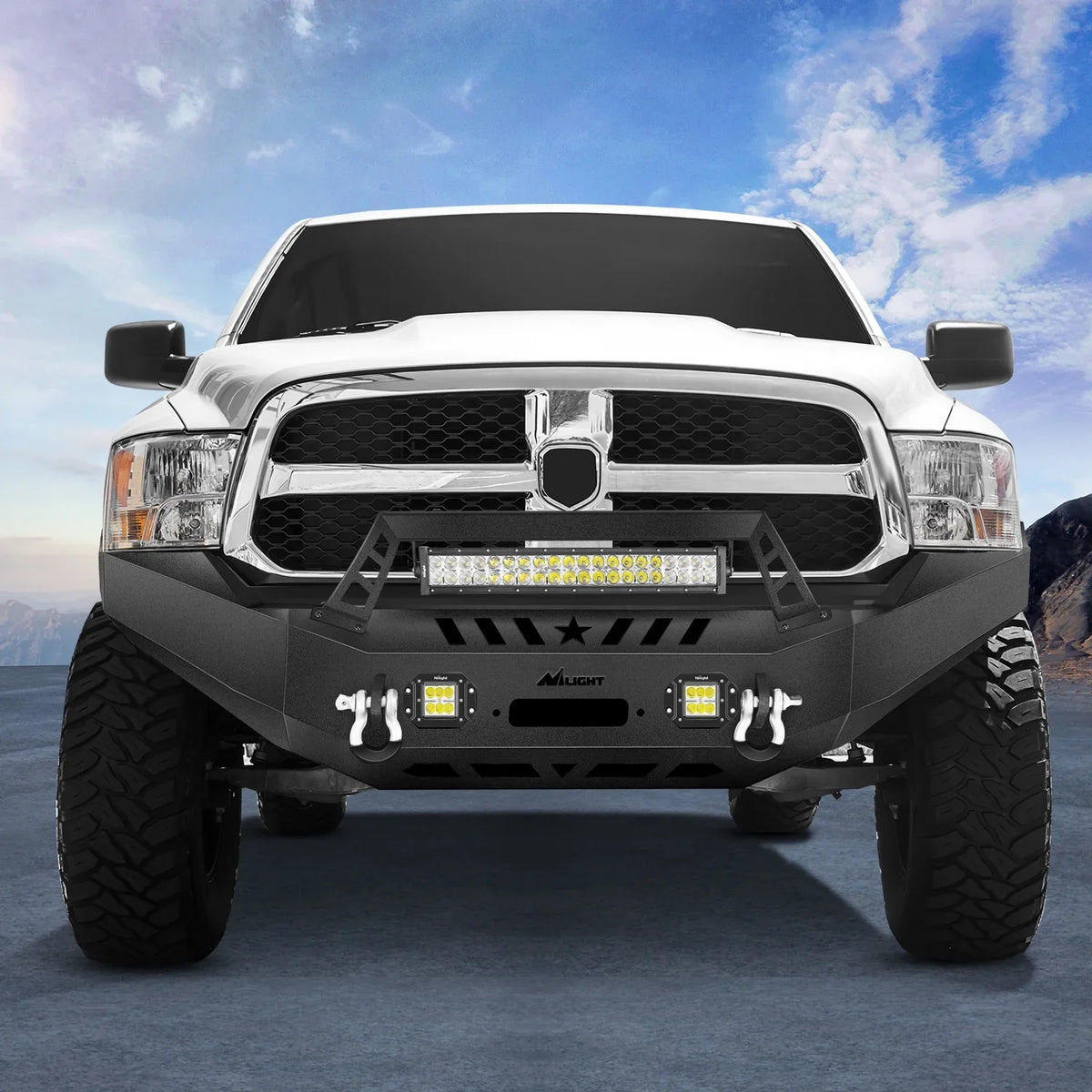 Nilight Front Bumper Full Width Solid Steel Compatible for 2013 2014 2015 2016 2017 2018 Dodge Ram 1500 Pickup Truck with Winch Plate Offroad 120W LED Light Bar 2x18w Light Pods 2 Years Warranty