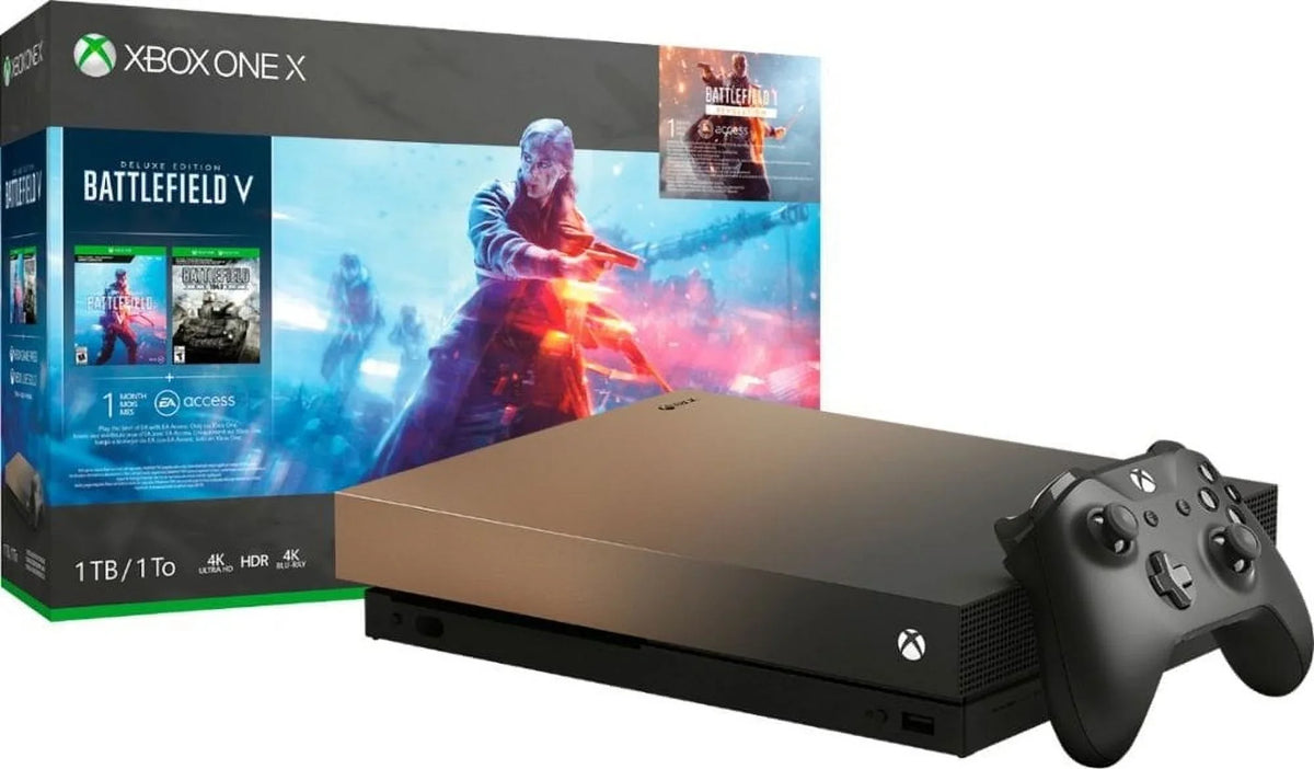 Pre-Owned Microsoft FMP-00023 Xbox One X 1TB Gold Rush Special Edition Battlefield V Bundle Gray Gold (Refurbished: Good)