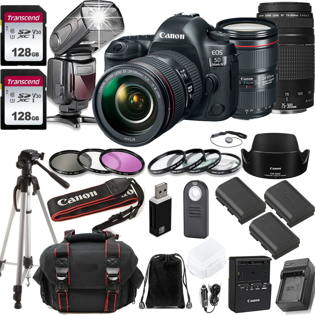 Canon EOS 5D Mark IV DSLR Camera w/EF 24-105MM F/4 L is II USM Zoom Lens + Canon EF 75-300mm f/4-5.6 III Lens + 2pc Transcend 8GB RAM Memory Cards + Professional Kit