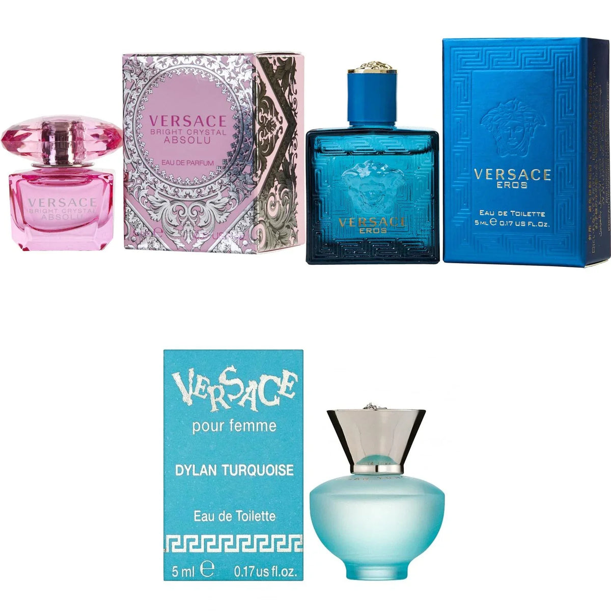 Versace Bright Crystal Absolu EDP, Eros Men EDT, Dylan Turquoise Femme - 5ml 3PK Kit