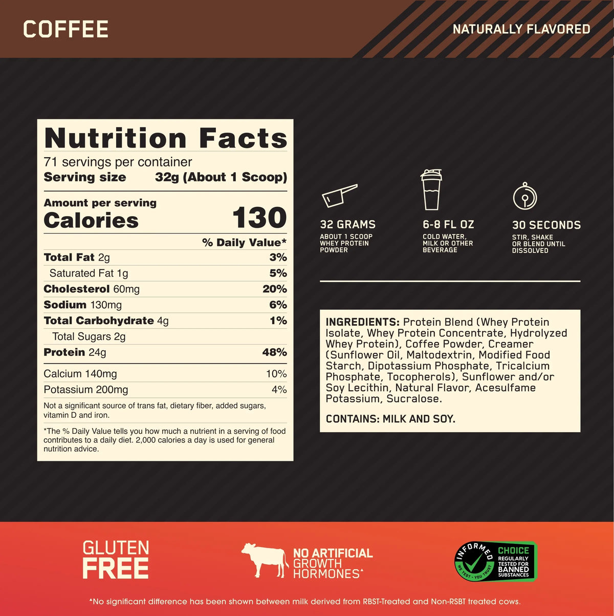 Optimum Nutrition, Gold Standard 100% Whey Protein Powder, Coffee, 5 lb, 71 Servings