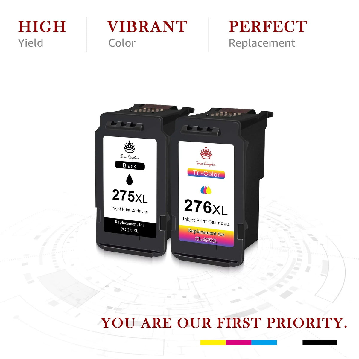 Toner Kingdom PG-275 CL-276 Ink Cartridges for Canon Ink 275 and 276 High Capacity 275XL 276XL Ink Cartridges for PIXMA TS3520 TS3522 TS3500 TR4720 TR4722 TR4700 Printers (2 Black, 1 Color)
