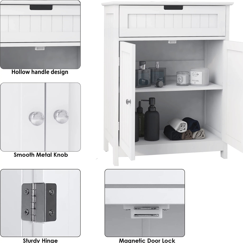 Versatile Bathroom Floor Cabinet in White Freestanding Wood Storage Organizer 2 Doors, 1 Drawer Adjustable Shelf Elegant Design for Bathroom and Living Room.