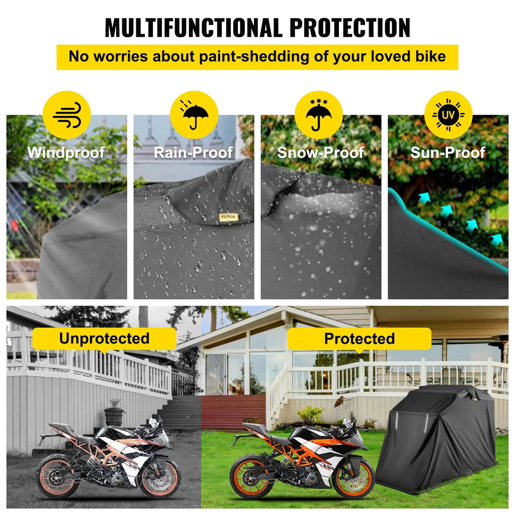 VEVORbrand Waterproof Heavy Duty Motorcycle Shelter Shed, 600D Oxford Motorbike Shed Anti-UV, 106.3"x41.3"x62.9" Shelter Storage Garage Tent with Lock and Weight Bag, Black