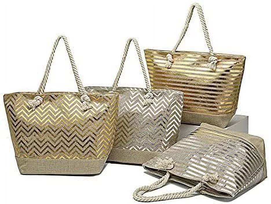 Large Women Metallic Print Tote Beach Bag with Zipper Top - Silver or Gold - Chevron or Stripe Pattern - Can be Personalized with Initial, Monogram or Name Gold Stripe