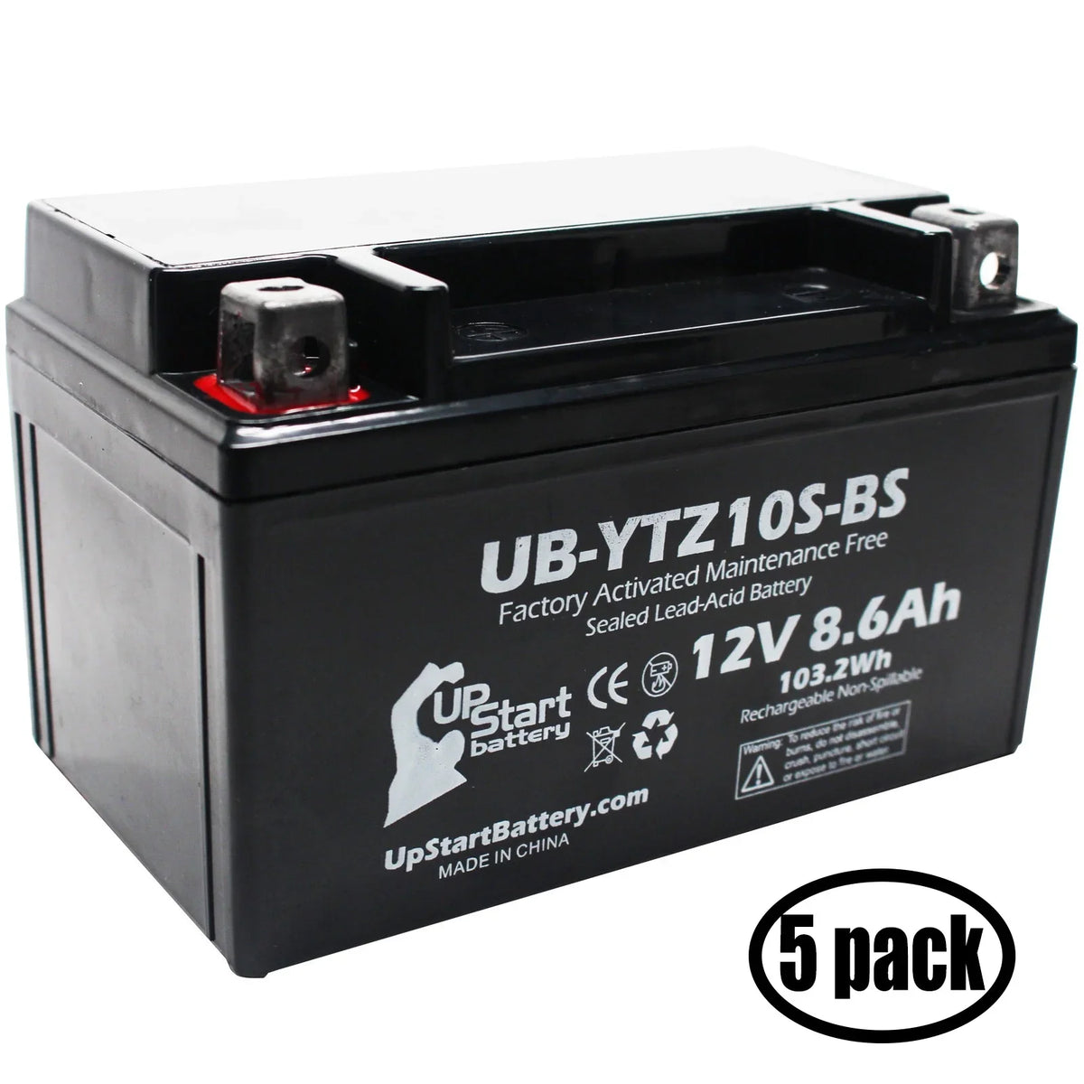 5-Pack UpStart Battery Replacement for 2011 Yamaha FZ8 800CC Factory Activated, Maintenance Free, Motorcycle Battery - 12V, 8.6Ah, UB-YTZ10S-BS